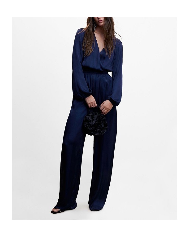 Women's Wrap Neckline Satin Jumpsuit Navy $36.30 Pants