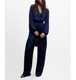 Women's Wrap Neckline Satin Jumpsuit Navy $36.30 Pants