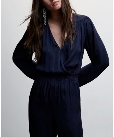 Women's Wrap Neckline Satin Jumpsuit Navy $36.30 Pants