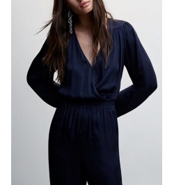 Women's Wrap Neckline Satin Jumpsuit Navy $36.30 Pants