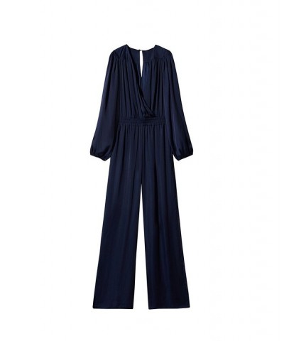 Women's Wrap Neckline Satin Jumpsuit Navy $36.30 Pants