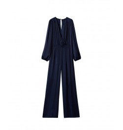 Women's Wrap Neckline Satin Jumpsuit Navy $36.30 Pants