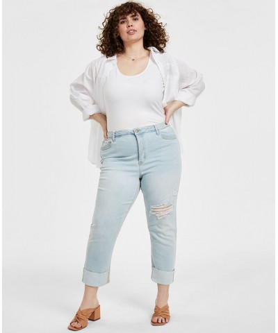 Trendy Plus Size Oversized Shirt & Ripped Straight Jeans Blue $18.29 Jeans