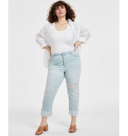 Trendy Plus Size Oversized Shirt & Ripped Straight Jeans Blue $18.29 Jeans