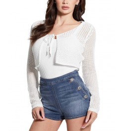 Women's Cotton Cropped Crocheted Tie-Front Cardigan Sweater Cream White $38.71 Sweaters