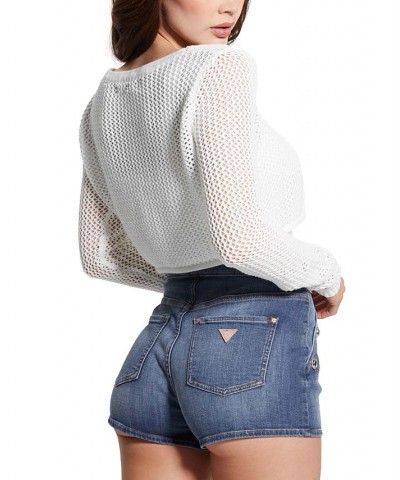 Women's Cotton Cropped Crocheted Tie-Front Cardigan Sweater Cream White $38.71 Sweaters