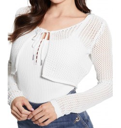 Women's Cotton Cropped Crocheted Tie-Front Cardigan Sweater Cream White $38.71 Sweaters