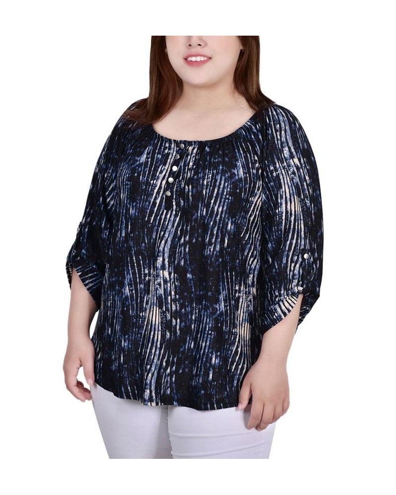 Plus Size 3/4 Push Tab Round Neck Henley Top Denim Swirlbreeze $13.72 Tops