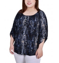 Plus Size 3/4 Push Tab Round Neck Henley Top Denim Swirlbreeze $13.72 Tops