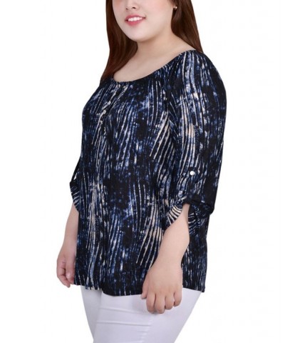 Plus Size 3/4 Push Tab Round Neck Henley Top Denim Swirlbreeze $13.72 Tops