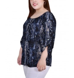 Plus Size 3/4 Push Tab Round Neck Henley Top Denim Swirlbreeze $13.72 Tops