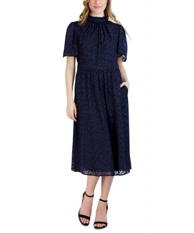 Women's Jacquard Flutter-Sleeve Dress Navy $56.99 Dresses