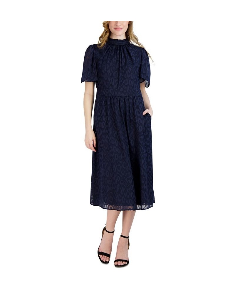 Women's Jacquard Flutter-Sleeve Dress Navy $56.99 Dresses