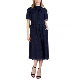 Women's Jacquard Flutter-Sleeve Dress Navy $56.99 Dresses