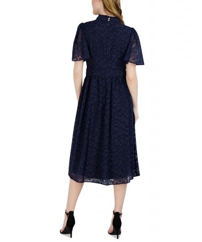 Women's Jacquard Flutter-Sleeve Dress Navy $56.99 Dresses