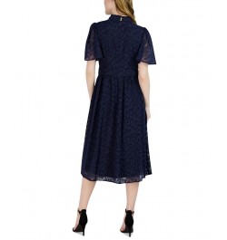 Women's Jacquard Flutter-Sleeve Dress Navy $56.99 Dresses