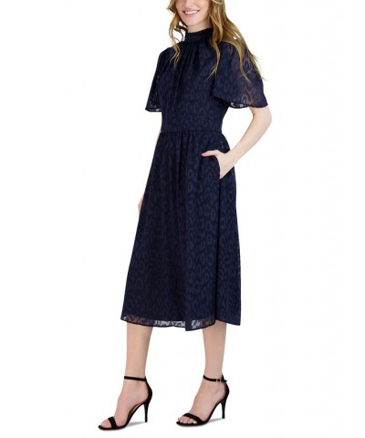 Women's Jacquard Flutter-Sleeve Dress Navy $56.99 Dresses