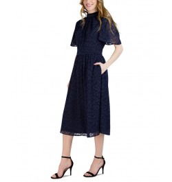 Women's Jacquard Flutter-Sleeve Dress Navy $56.99 Dresses