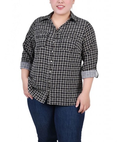 Plus Size 3/4 Sleeve Roll Tab Notch Collar Blouse Black Gold-Tone Harlie $16.64 Tops
