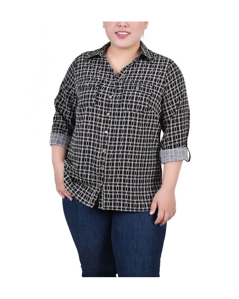 Plus Size 3/4 Sleeve Roll Tab Notch Collar Blouse Black Gold-Tone Harlie $16.64 Tops