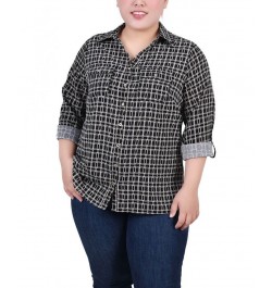 Plus Size 3/4 Sleeve Roll Tab Notch Collar Blouse Black Gold-Tone Harlie $16.64 Tops