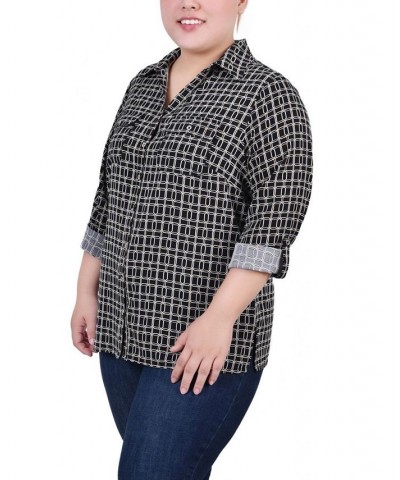 Plus Size 3/4 Sleeve Roll Tab Notch Collar Blouse Black Gold-Tone Harlie $16.64 Tops