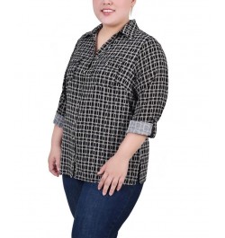 Plus Size 3/4 Sleeve Roll Tab Notch Collar Blouse Black Gold-Tone Harlie $16.64 Tops