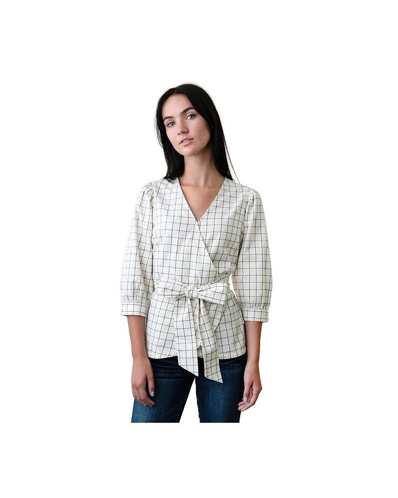 Womens' Puff Sleeve Wrap Top Ivory and Navy Windowpane $17.98 Tops