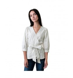 Womens' Puff Sleeve Wrap Top Ivory and Navy Windowpane $17.98 Tops