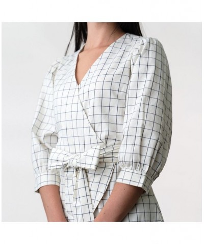 Womens' Puff Sleeve Wrap Top Ivory and Navy Windowpane $17.98 Tops