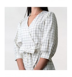 Womens' Puff Sleeve Wrap Top Ivory and Navy Windowpane $17.98 Tops