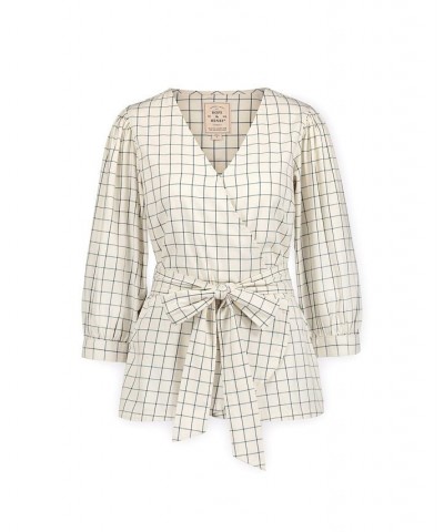 Womens' Puff Sleeve Wrap Top Ivory and Navy Windowpane $17.98 Tops