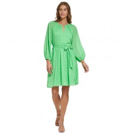 Women's Keyhole-Neck Balloon-Sleeve Belted Dress Island Green $61.92 Dresses