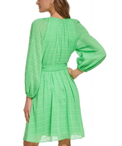 Women's Keyhole-Neck Balloon-Sleeve Belted Dress Island Green $61.92 Dresses