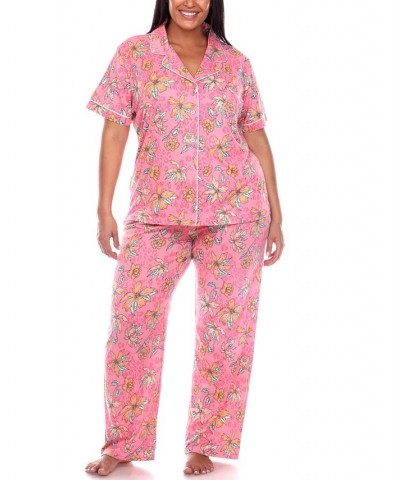 Plus Size Short Sleeve Pants Tropical Pajama Set 2-Piece Pink, Orange $30.09 Sleepwear