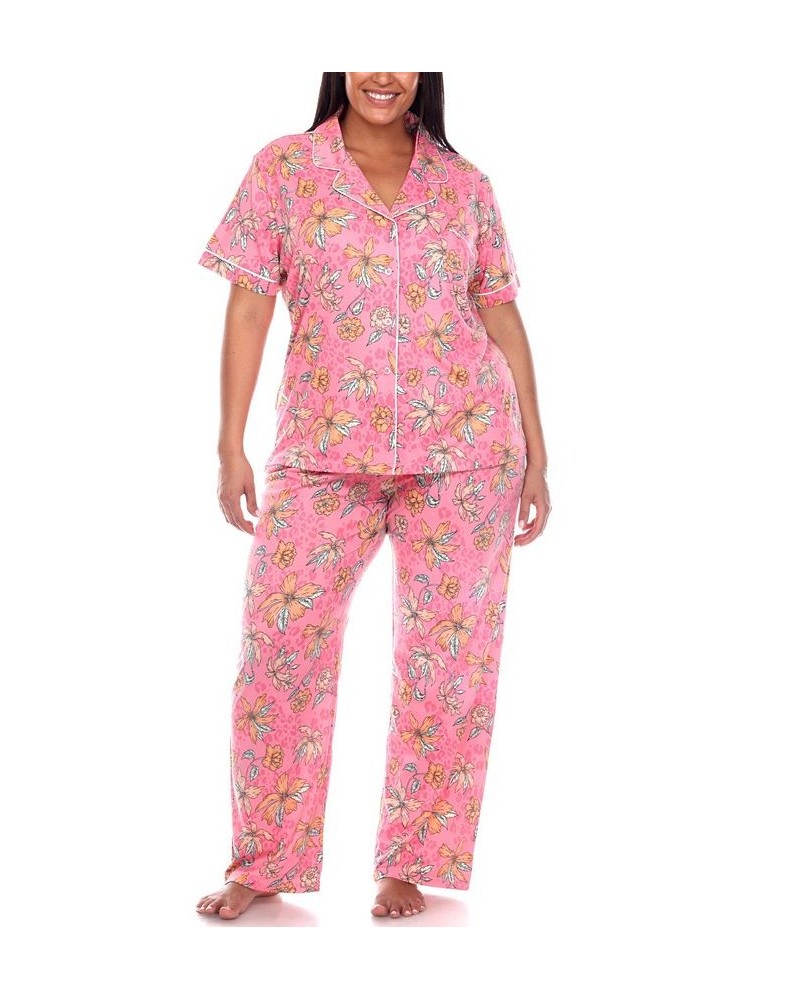 Plus Size Short Sleeve Pants Tropical Pajama Set 2-Piece Pink, Orange $30.09 Sleepwear