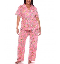 Plus Size Short Sleeve Pants Tropical Pajama Set 2-Piece Pink, Orange $30.09 Sleepwear