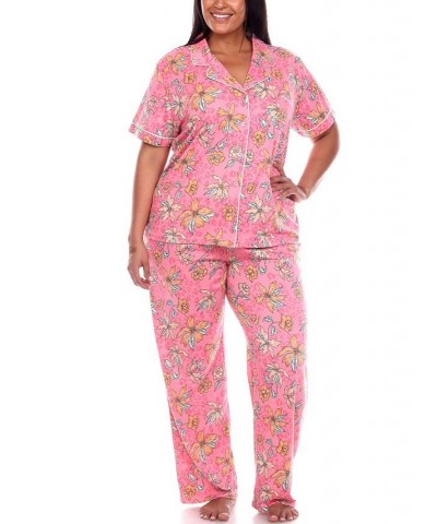 Plus Size Short Sleeve Pants Tropical Pajama Set 2-Piece Pink, Orange $30.09 Sleepwear