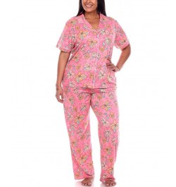 Plus Size Short Sleeve Pants Tropical Pajama Set 2-Piece Pink, Orange $30.09 Sleepwear