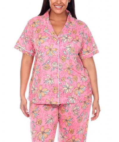 Plus Size Short Sleeve Pants Tropical Pajama Set 2-Piece Pink, Orange $30.09 Sleepwear