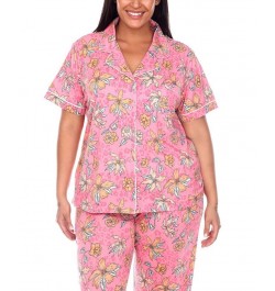 Plus Size Short Sleeve Pants Tropical Pajama Set 2-Piece Pink, Orange $30.09 Sleepwear