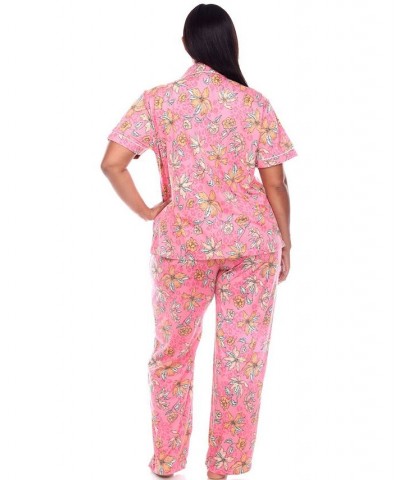 Plus Size Short Sleeve Pants Tropical Pajama Set 2-Piece Pink, Orange $30.09 Sleepwear