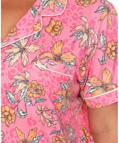 Plus Size Short Sleeve Pants Tropical Pajama Set 2-Piece Pink, Orange $30.09 Sleepwear