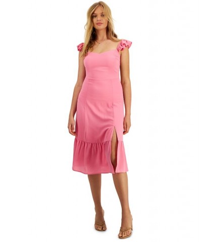 Women's Ruffled Side Front Slit Midi Dress Flamingo $21.33 Dresses