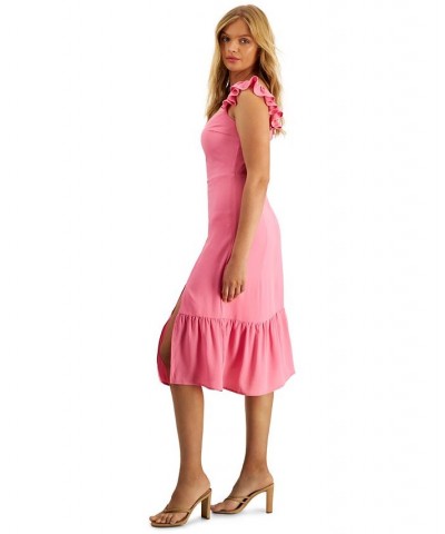 Women's Ruffled Side Front Slit Midi Dress Flamingo $21.33 Dresses