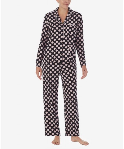 Women's Brushed Sweater Knit Notch Pajama Set Black with Pink Dots $36.96 Sleepwear