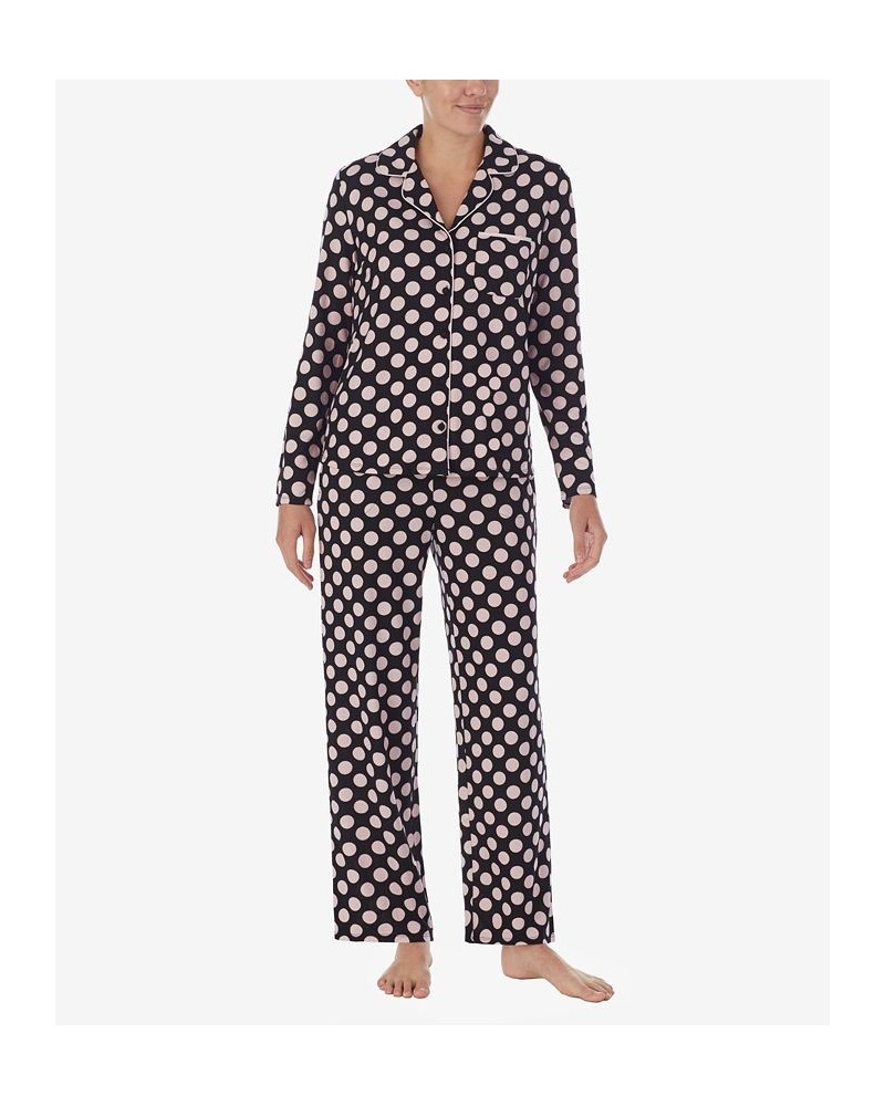 Women's Brushed Sweater Knit Notch Pajama Set Black with Pink Dots $36.96 Sleepwear