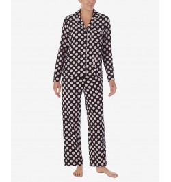 Women's Brushed Sweater Knit Notch Pajama Set Black with Pink Dots $36.96 Sleepwear