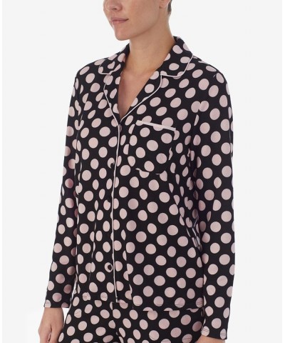 Women's Brushed Sweater Knit Notch Pajama Set Black with Pink Dots $36.96 Sleepwear