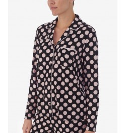 Women's Brushed Sweater Knit Notch Pajama Set Black with Pink Dots $36.96 Sleepwear